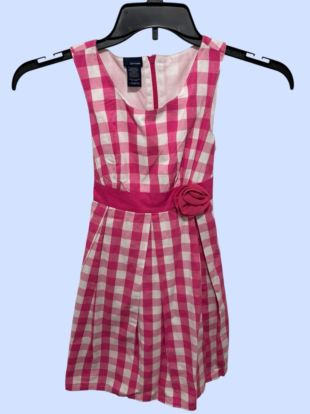 Basic Editions Pink & White Gingham Sleeveless Dress W Rosette Waist Size 10-12
